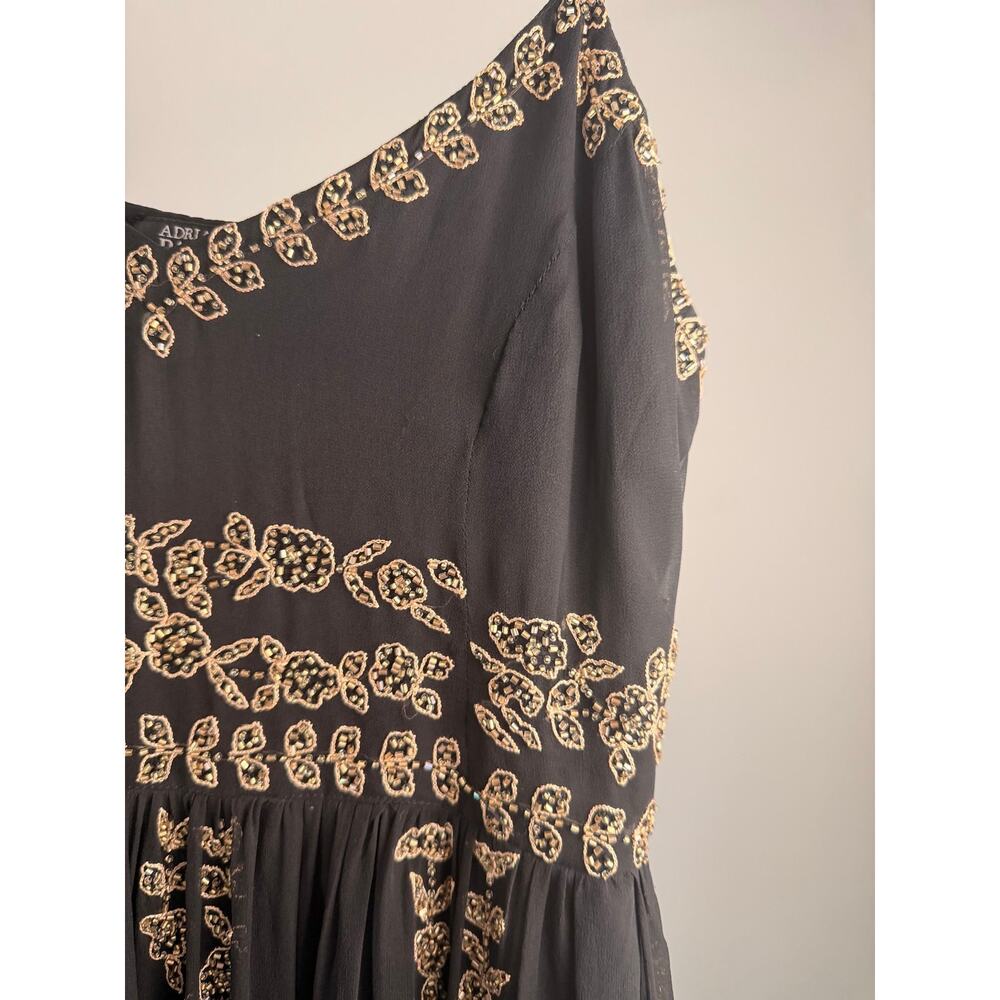 Vintage Adrianna Papell Black Silk Beaded Dress Gold Embellished Formal Midi 14 - Picture 3 of 4